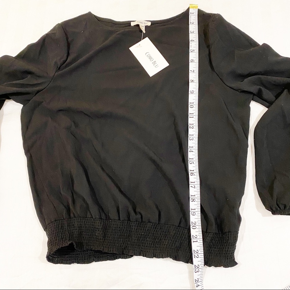 Como Blu Black Smocked-Hem Long Sleeve Blouse NWT Size M - Picture 4 of 9